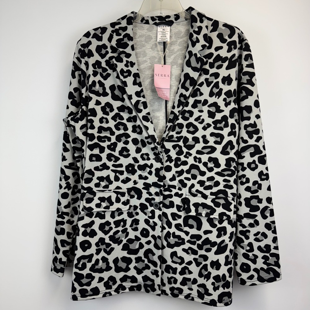 Serra Ladies Oversized Blazer XL Grey Black Leopard Animal Print Knit Jacket NWT